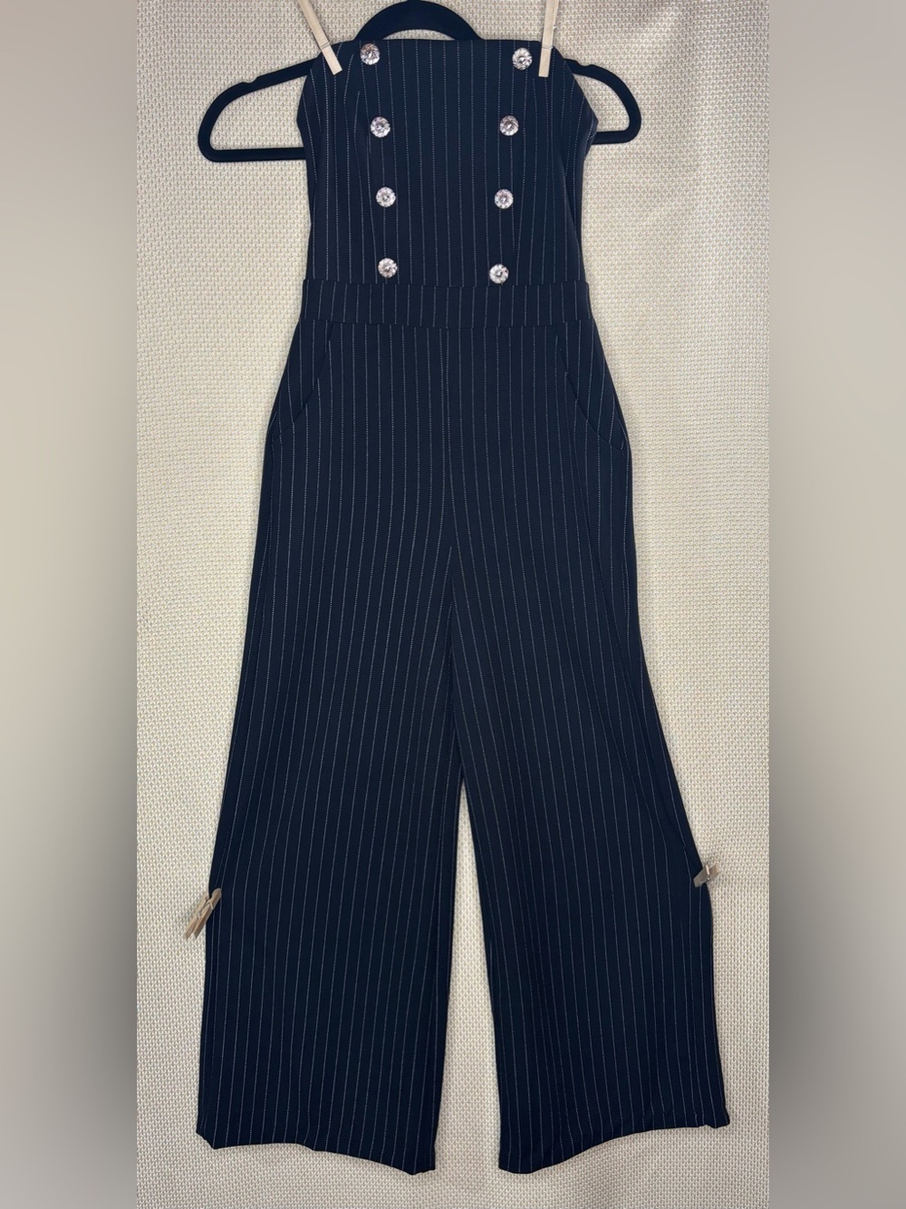 Madden Girl Strapless Pinstripe Double-Breasted Jumpsuit. size S